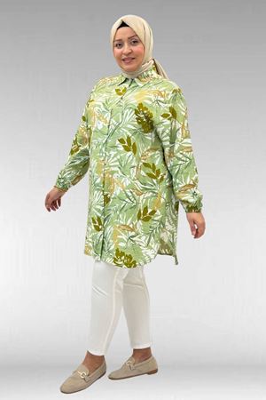 68010 Büyük Beden Yanları Yırtmaçlı Kolları Lastikli Mango Tunik - Desenli Haki