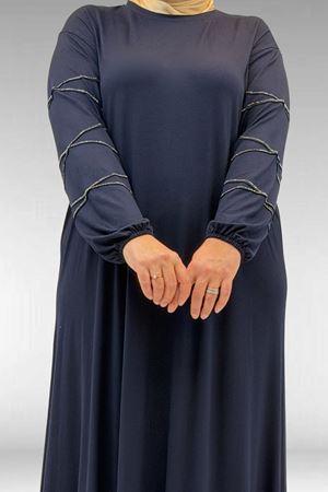 52021 Büyük Beden Çimalı Taş Detaylı Penye Elbise - Lacivert