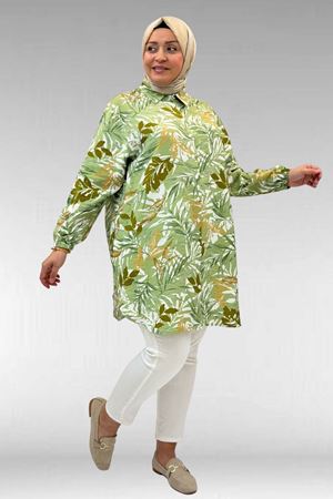 68010 Büyük Beden Yanları Yırtmaçlı Kolları Lastikli Mango Tunik - Desenli Haki