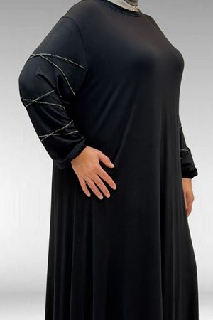 52021 Büyük Beden Çimalı Taş Detaylı Penye Elbise - Siyah