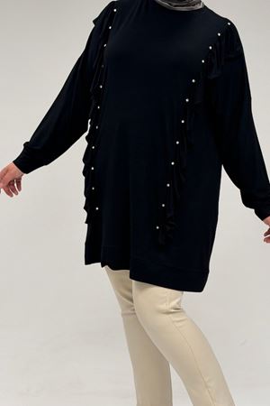 58074 Büyük Beden Fırfır Ve Taş Detaylı Penye Tunik - Siyah