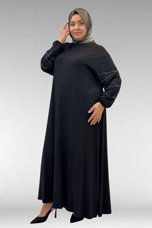 52021 Büyük Beden Çimalı Taş Detaylı Penye Elbise - Siyah