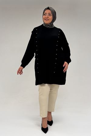 58074 Büyük Beden Fırfır Ve Taş Detaylı Penye Tunik - Siyah