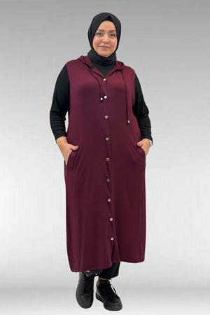 34001 Büyük Beden Çıtçıtlı Kapüşonlu Penye Yelek - Bordo