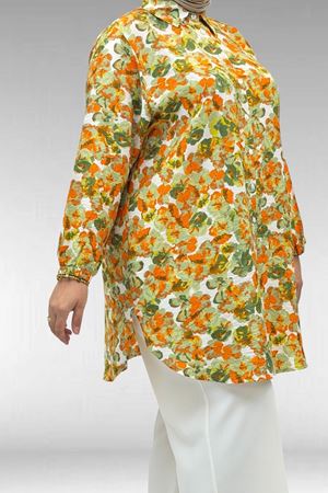 68010 Büyük Beden Yanları Yırtmaçlı Kolları Lastikli Mango Tunik - Çiçek Desen Yeşil