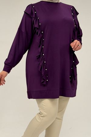 58074 Büyük Beden Fırfır Ve Taş Detaylı Penye Tunik - Mürdüm