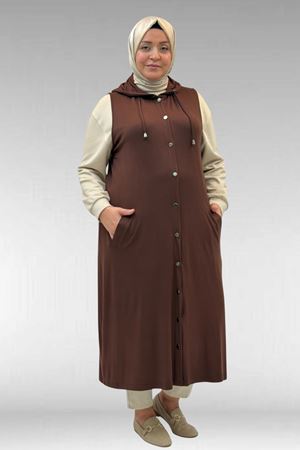 34001 Büyük Beden Çıtçıtlı Kapüşonlu Penye Yelek - Kahverengi