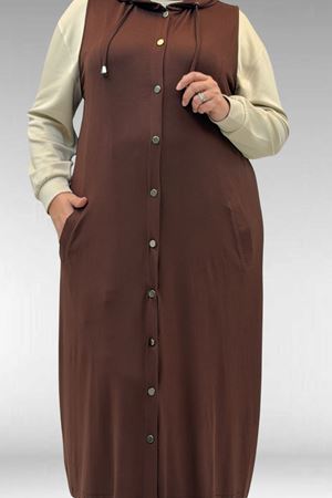 34001 Büyük Beden Çıtçıtlı Kapüşonlu Penye Yelek - Kahverengi