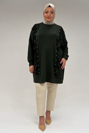 58074 Büyük Beden Fırfır Ve Taş Detaylı Penye Tunik - Haki