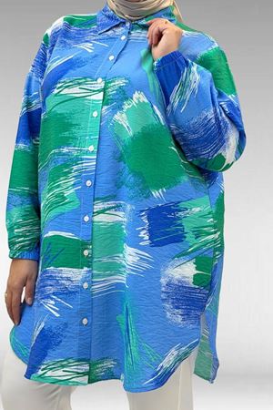 68010 Büyük Beden Yanları Yırtmaçlı Kolları Lastikli Mango Tunik - Desenli Mavi