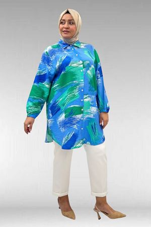 68010 Büyük Beden Yanları Yırtmaçlı Kolları Lastikli Mango Tunik - Desenli Mavi