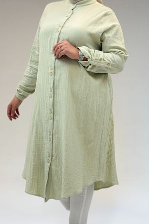 58092 Büyük Beden Çift Düğme Detaylı Müslin Gömlek - Su Yeşili