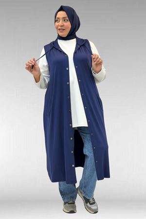 34001 Büyük Beden Çıtçıtlı Kapüşonlu Penye Yelek - İndigo