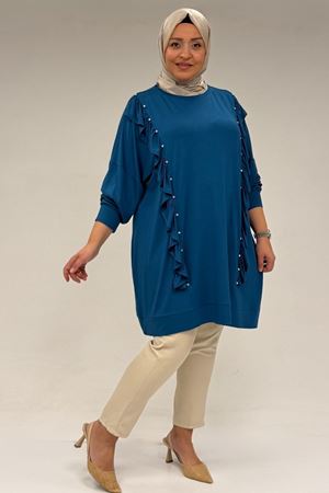 58074 Büyük Beden Fırfır Ve Taş Detaylı Penye Tunik - Petrol