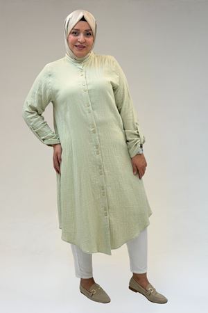 58092 Büyük Beden Çift Düğme Detaylı Müslin Gömlek - Su Yeşili
