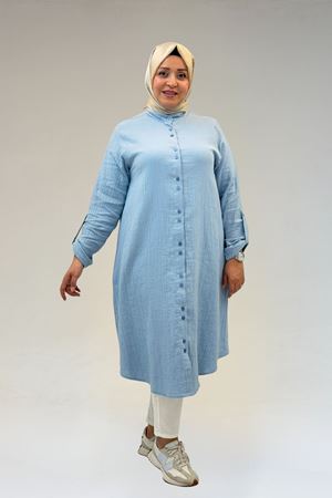 58092 Büyük Beden Çift Düğme Detaylı Müslin Gömlek - Bebe Mavi
