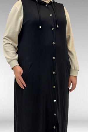 34001 Büyük Beden Çıtçıtlı Kapüşonlu Penye Yelek - Siyah