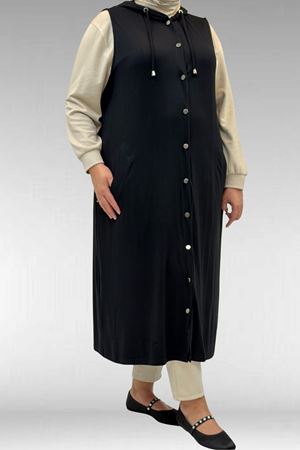 34001 Büyük Beden Çıtçıtlı Kapüşonlu Penye Yelek - Siyah