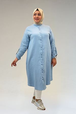 58092 Büyük Beden Çift Düğme Detaylı Müslin Gömlek - Bebe Mavi