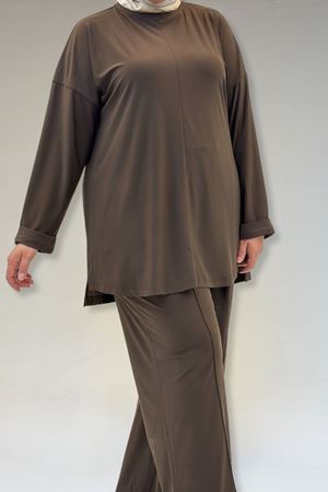 67001 Büyük Beden Kol Manşeti Duble Model Sandy Pantolonlu Takım - Kahve