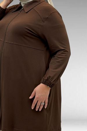 63002 Büyük Beden Fermuarlı Penye Ceket - Kahve