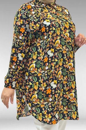 68010 Büyük Beden Yanları Yırtmaçlı Kolları Lastikli Mango Tunik - Desenli Siyah
