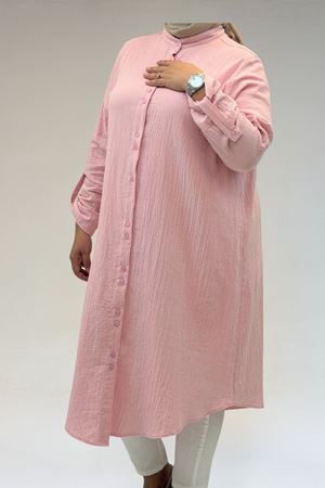 58092 Büyük Beden Çift Düğme Detaylı Müslin Gömlek - Şeker Pembesi