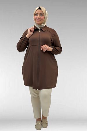 63002 Büyük Beden Fermuarlı Penye Ceket - Kahve