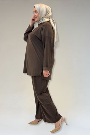 67001 Büyük Beden Kol Manşeti Duble Model Sandy Pantolonlu Takım - Kahve