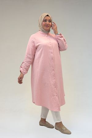 58092 Büyük Beden Çift Düğme Detaylı Müslin Gömlek - Şeker Pembesi