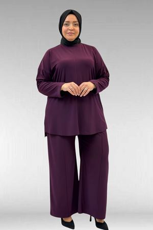 67001 Büyük Beden Kol Manşeti Duble Model Sandy Pantolonlu Takım - Mürdüm