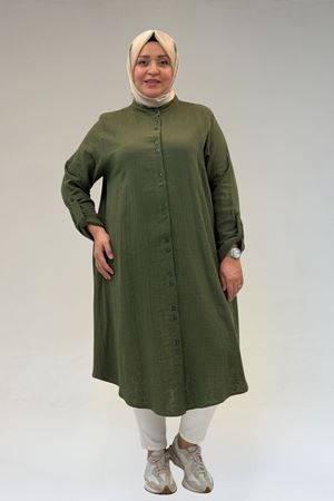 58092 Büyük Beden Çift Düğme Detaylı Müslin Gömlek - Haki