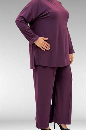 67001 Büyük Beden Kol Manşeti Duble Model Sandy Pantolonlu Takım - Mürdüm