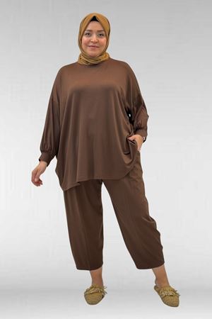 67037 Büyük Beden Düşük Kol Penye Pantolonlu Takım - Kahve