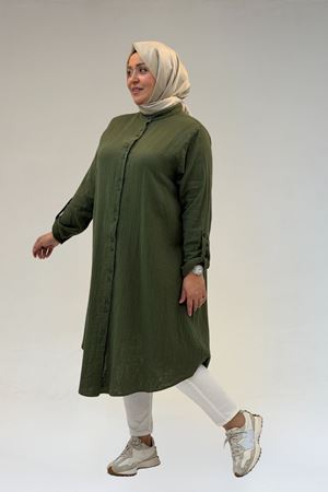 58092 Büyük Beden Çift Düğme Detaylı Müslin Gömlek - Haki