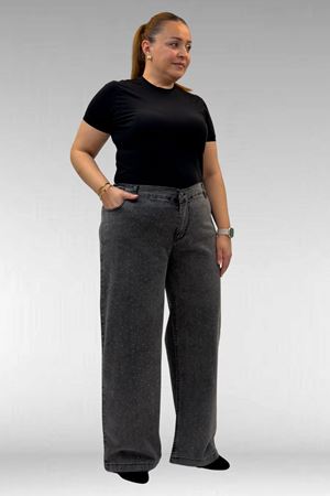 59037 Büyük Beden Önü Taşlı Bol Paça Kot Pantolon - Antrasit