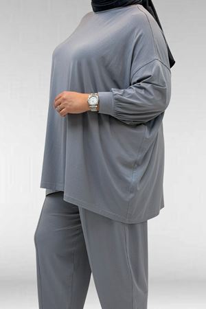 67037 Büyük Beden Düşük Kol Penye Pantolonlu Takım - Gri