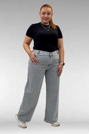 59037 Büyük Beden Önü Taşlı Bol Paça Kot Pantolon - Gri