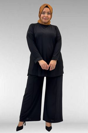 67001 Büyük Beden Kol Manşeti Duble Model Sandy Pantolonlu Takım - Siyah