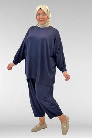 67037 Büyük Beden Düşük Kol Penye Pantolonlu Takım - Lacivert