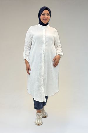 58092 Büyük Beden Çift Düğme Detaylı Müslin Gömlek - Ekru