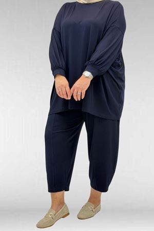67037 Büyük Beden Düşük Kol Penye Pantolonlu Takım - Lacivert