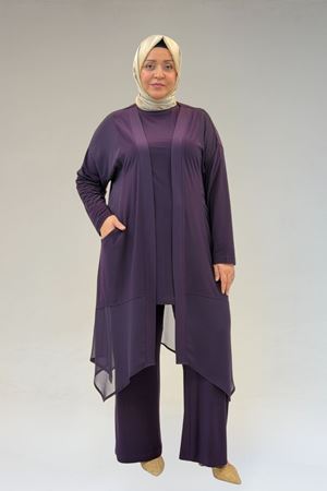 67302 Büyük Beden Üçlü Sandy - Şifon Pantolonlu Takım - Mor