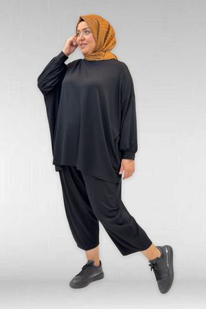 67037 Büyük Beden Düşük Kol Penye Pantolonlu Takım - Siyah