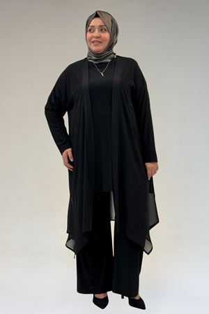 67302 Büyük Beden Üçlü Sandy - Şifon Pantolonlu Takım - Siyah