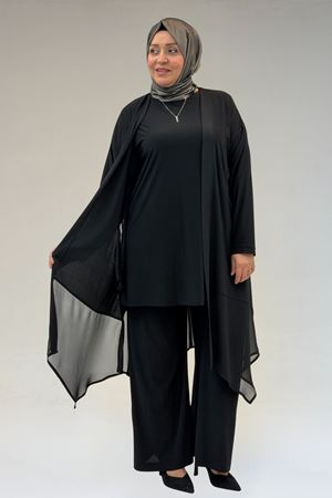 67302 Büyük Beden Üçlü Sandy - Şifon Pantolonlu Takım - Siyah