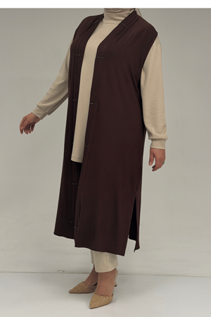 54005 Büyük Beden Patı Pileli Giy Çık Yelek - Kahve