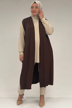 54005 Büyük Beden Patı Pileli Giy Çık Yelek - Kahve