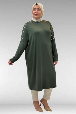 68012 Büyük Beden Omuzları Taş Detaylı Penye Tunik - Haki