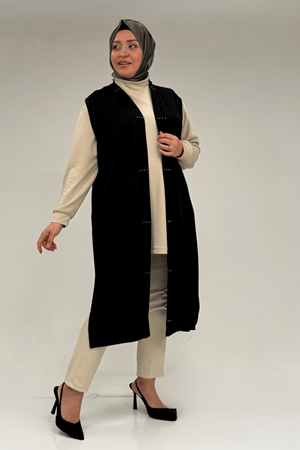 54005 Büyük Beden Patı Pileli Giy Çık Yelek - Siyah